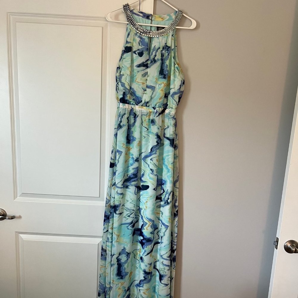 Vince Camuto Aqua Blue Navy Watercolor Halter Maxi Size 6